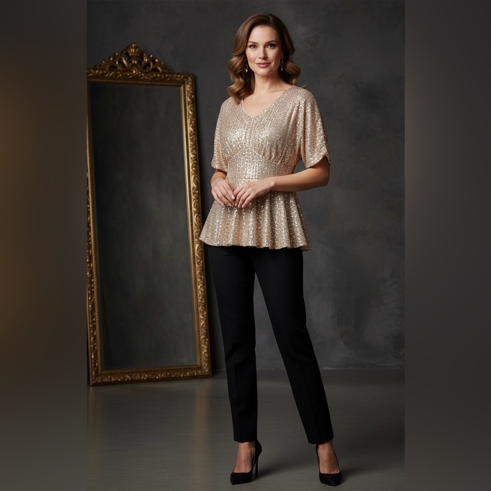 Grace Karin Sexy Sequins Blouse V Neck Bat Short Sleeve Gold Sz Medium